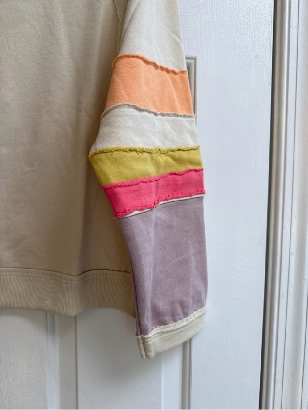 Easel Cream Sweatshirt with Colorblock Sleeve Stripes - Picture 2 of 5